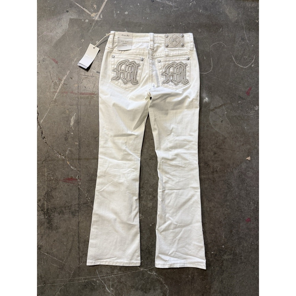 NWT Miss Me "Black" Jeans 26 x 30 White Mid-Rise Boot Embellished Pockets Slim